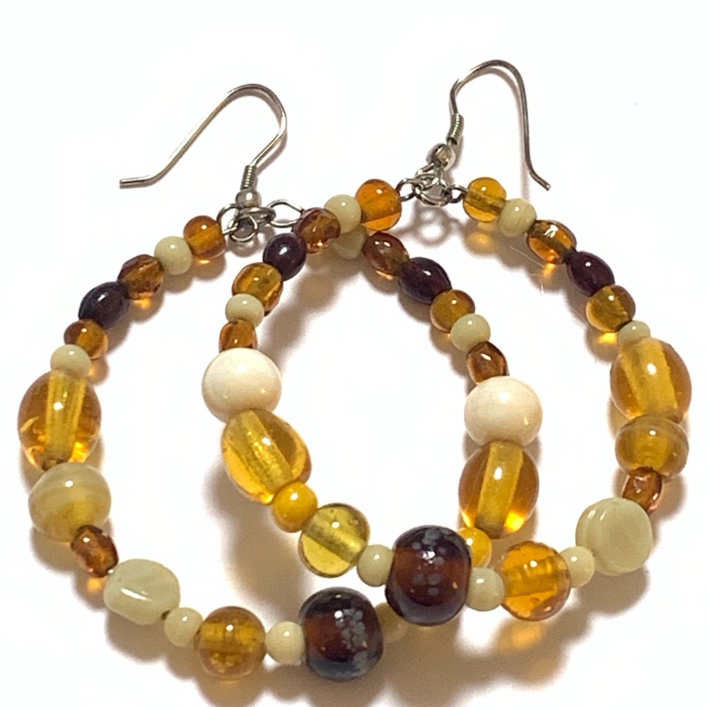 Amber and Cream Beaded Hoop Earrings